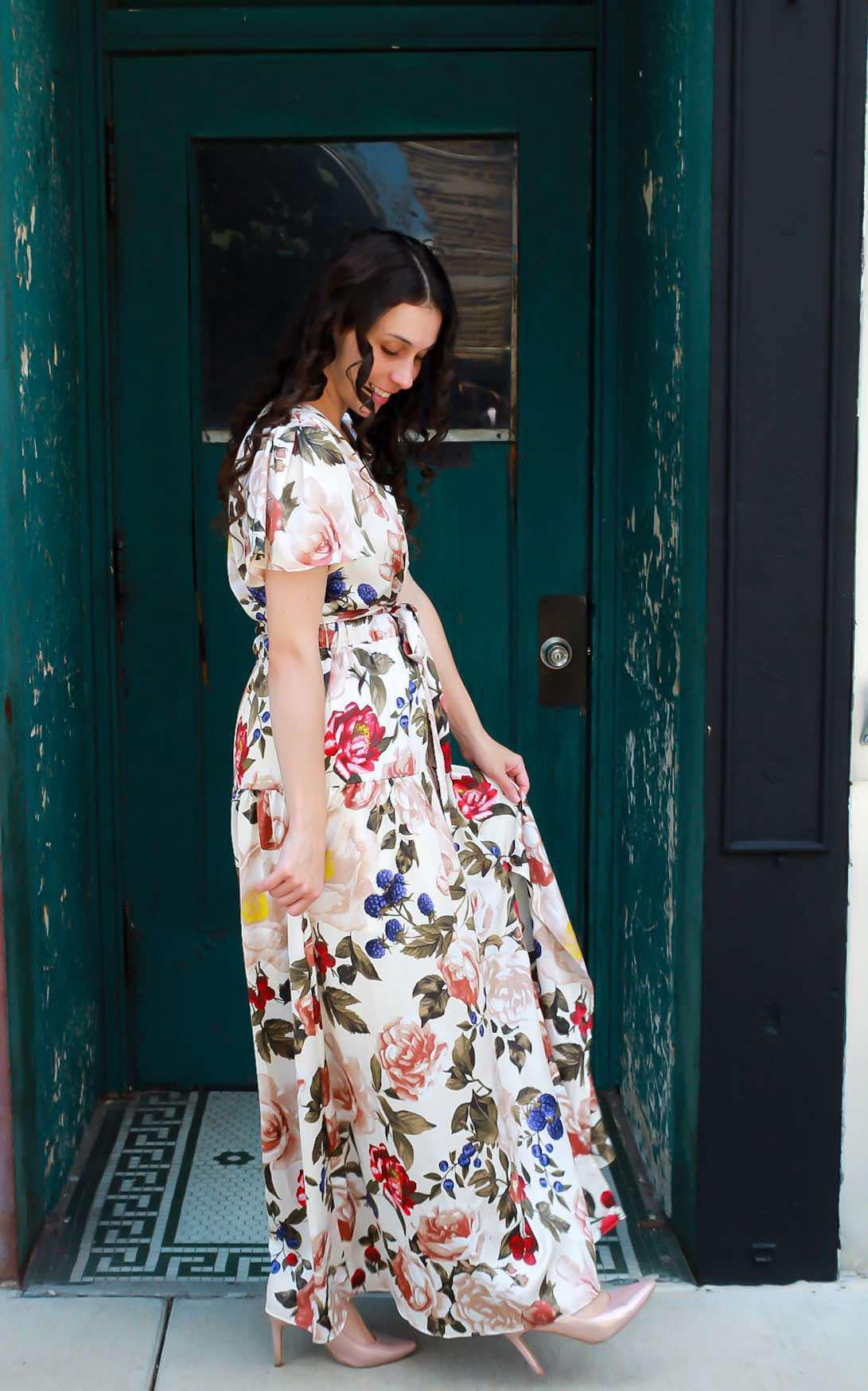 Floral Satin Tiered Dress