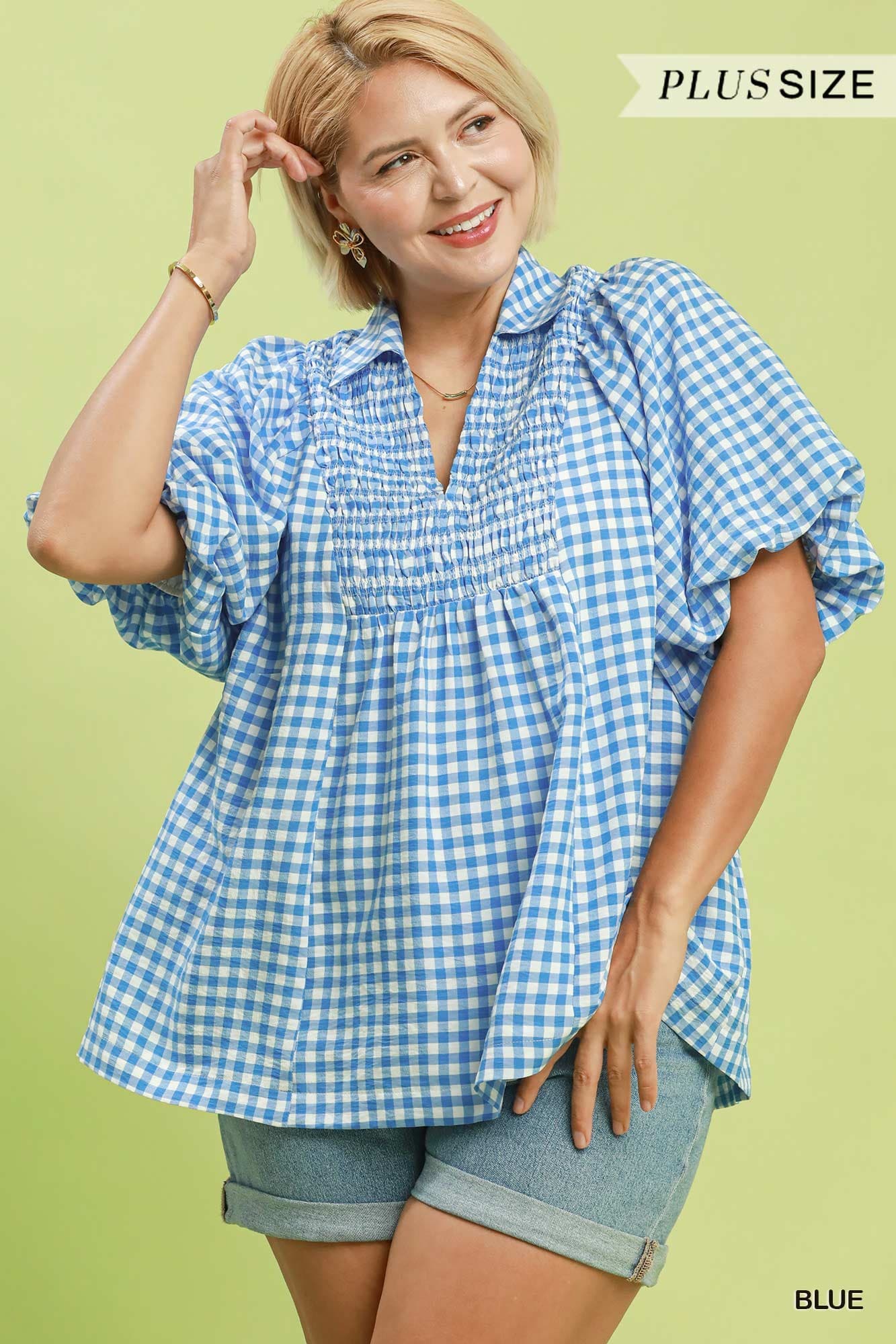 Plus Gingham Puff Sleeve Blouse