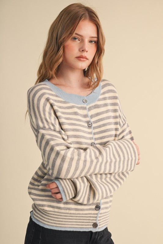 Grey Striped Cozy Cardigan