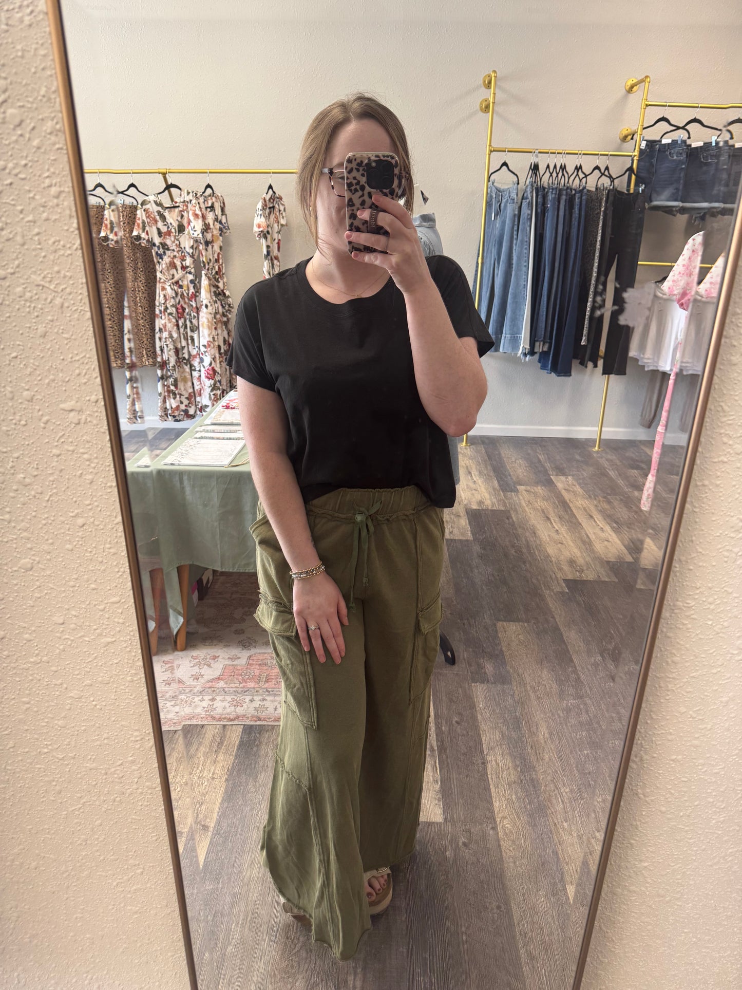 Olive Vintage Wash Wide Leg Pants