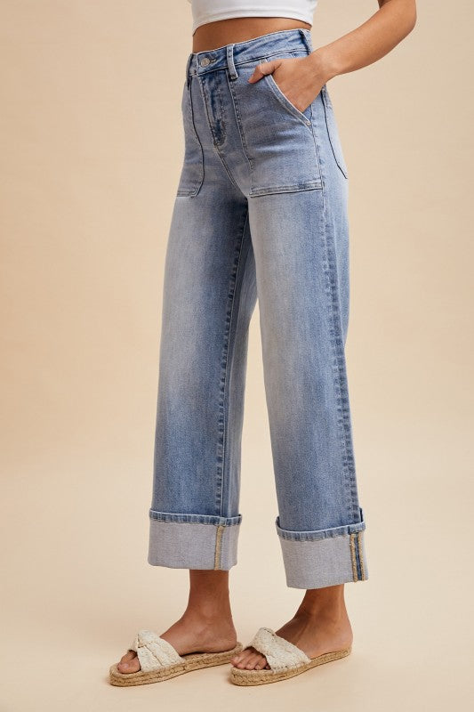 Comfort Stretch Wide Leg Cuffed Denim