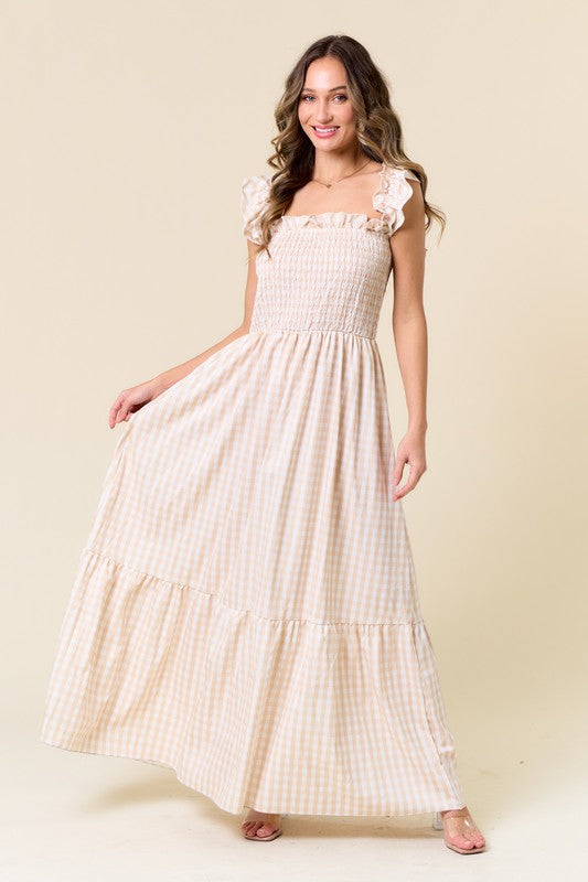 Cream + Taupe Gingham Maxi Dress