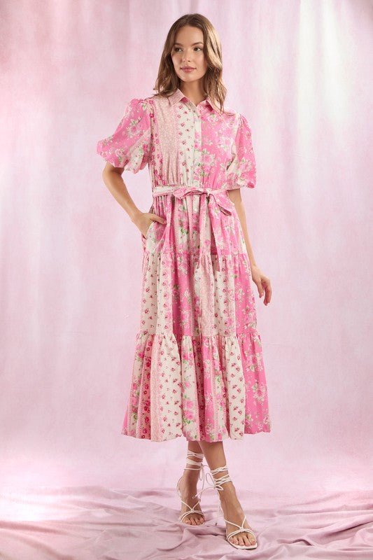 Blushing Floral Patchwork Dress **PRE - ORDER 6/30** - Mila Rose Boutique, LLCBlushing Floral Patchwork Dress **PRE - ORDER 6/30**Small