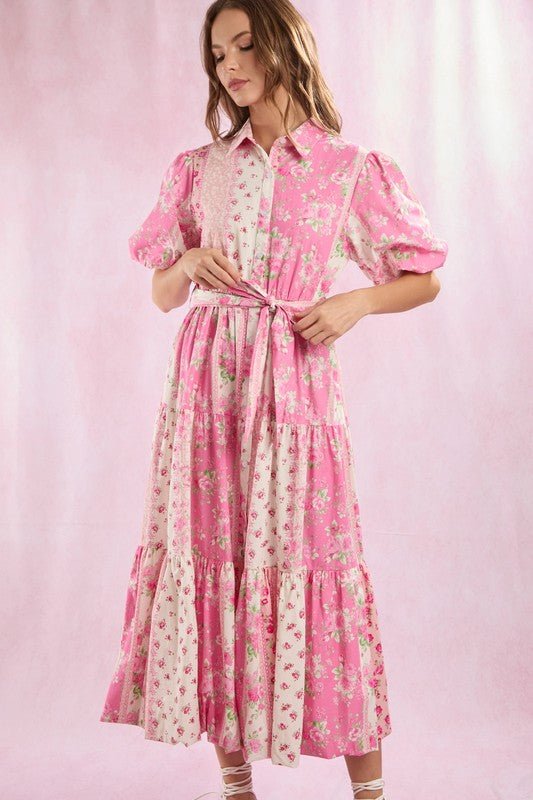 Blushing Floral Patchwork Dress **PRE - ORDER 6/30** - Mila Rose Boutique, LLCBlushing Floral Patchwork Dress **PRE - ORDER 6/30**Small
