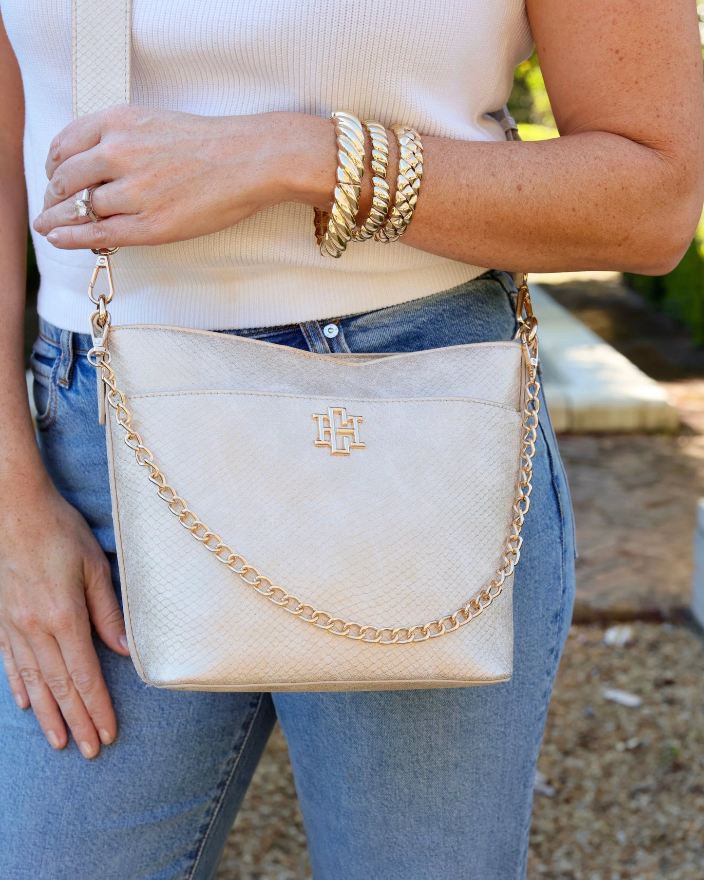 Brielle Bucket Bag: Shimmer Champagne - Mila Rose Boutique, LLC