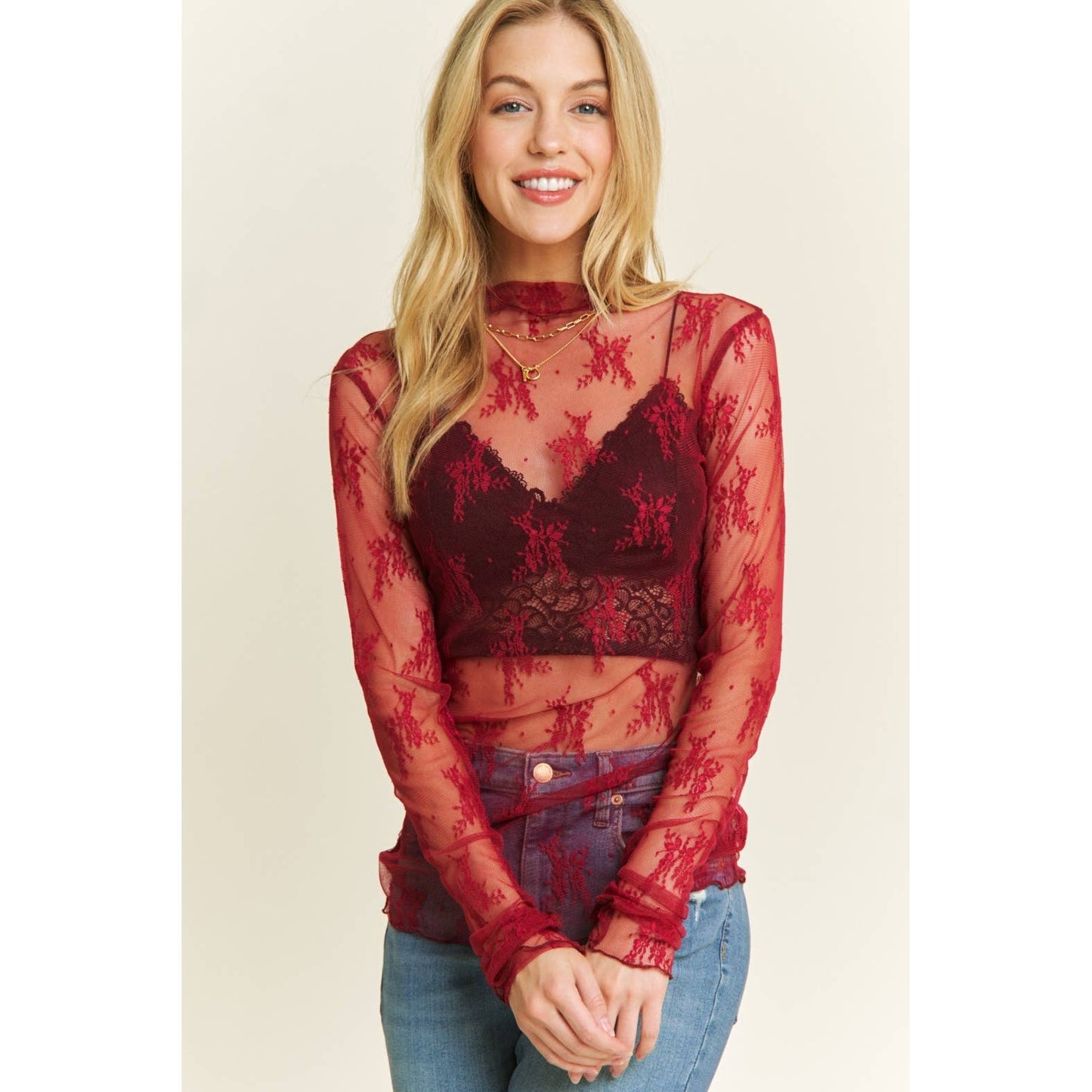 Burgundy Lace High Neck Top - Mila Rose Boutique, LLC