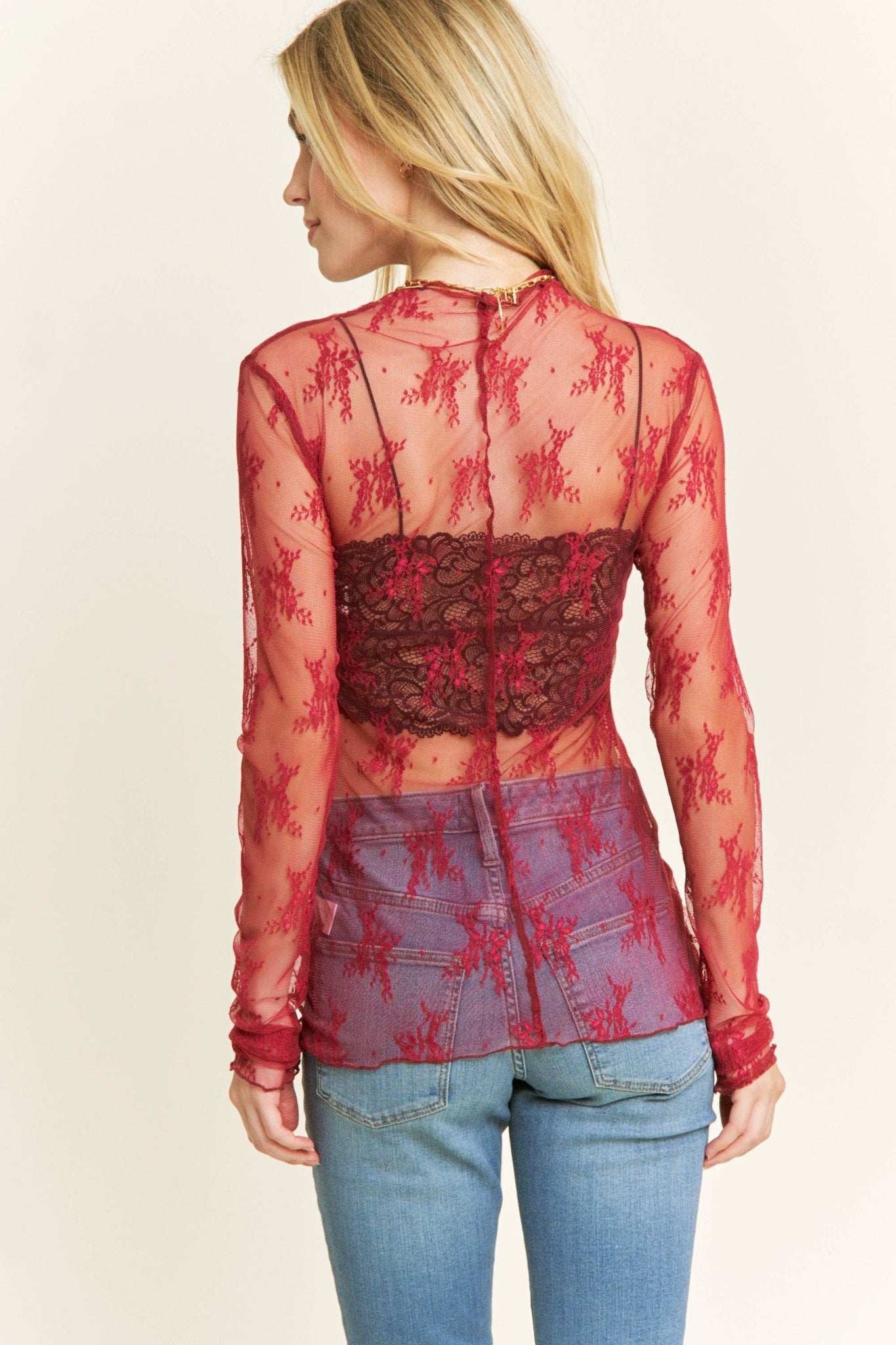 Burgundy Lace High Neck Top - Mila Rose Boutique, LLC