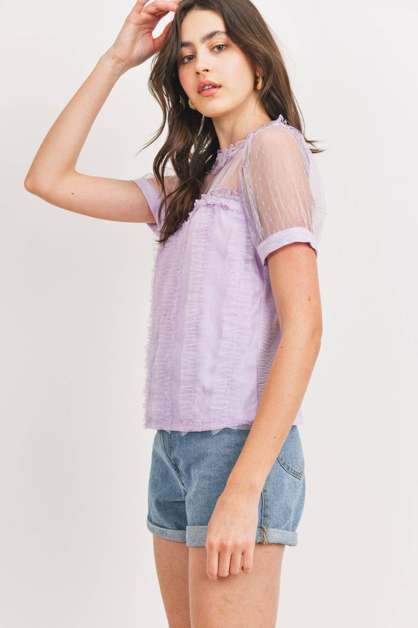 Dotted Mesh Overlay Blouse: Lavender - Mila Rose Boutique, LLC