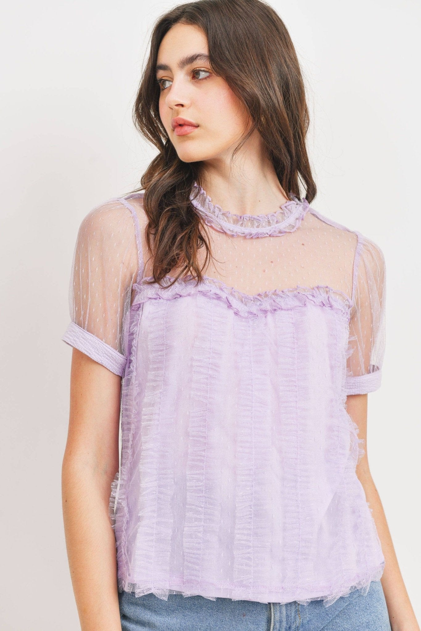 Dotted Mesh Overlay Blouse: Lavender - Mila Rose Boutique, LLC