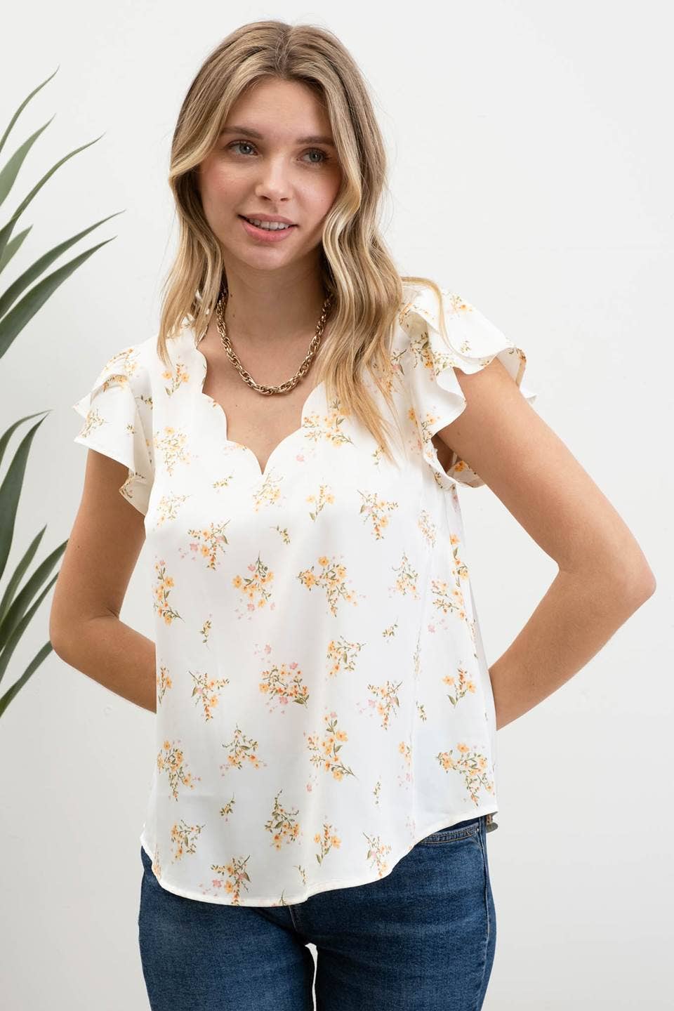 FLORAL PRINT V NECK SCALLOP SATIN BLOUSE: OLIVE - Mila Rose Boutique, LLC