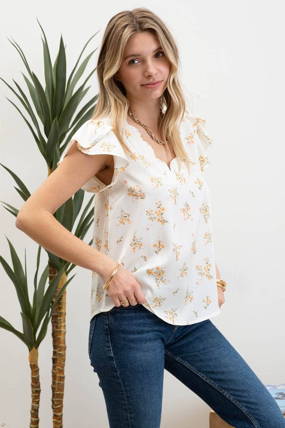 FLORAL PRINT V NECK SCALLOP SATIN BLOUSE: OLIVE - Mila Rose Boutique, LLC