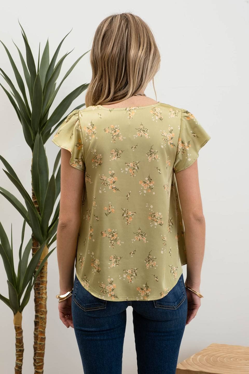 FLORAL PRINT V NECK SCALLOP SATIN BLOUSE: OLIVE - Mila Rose Boutique, LLC