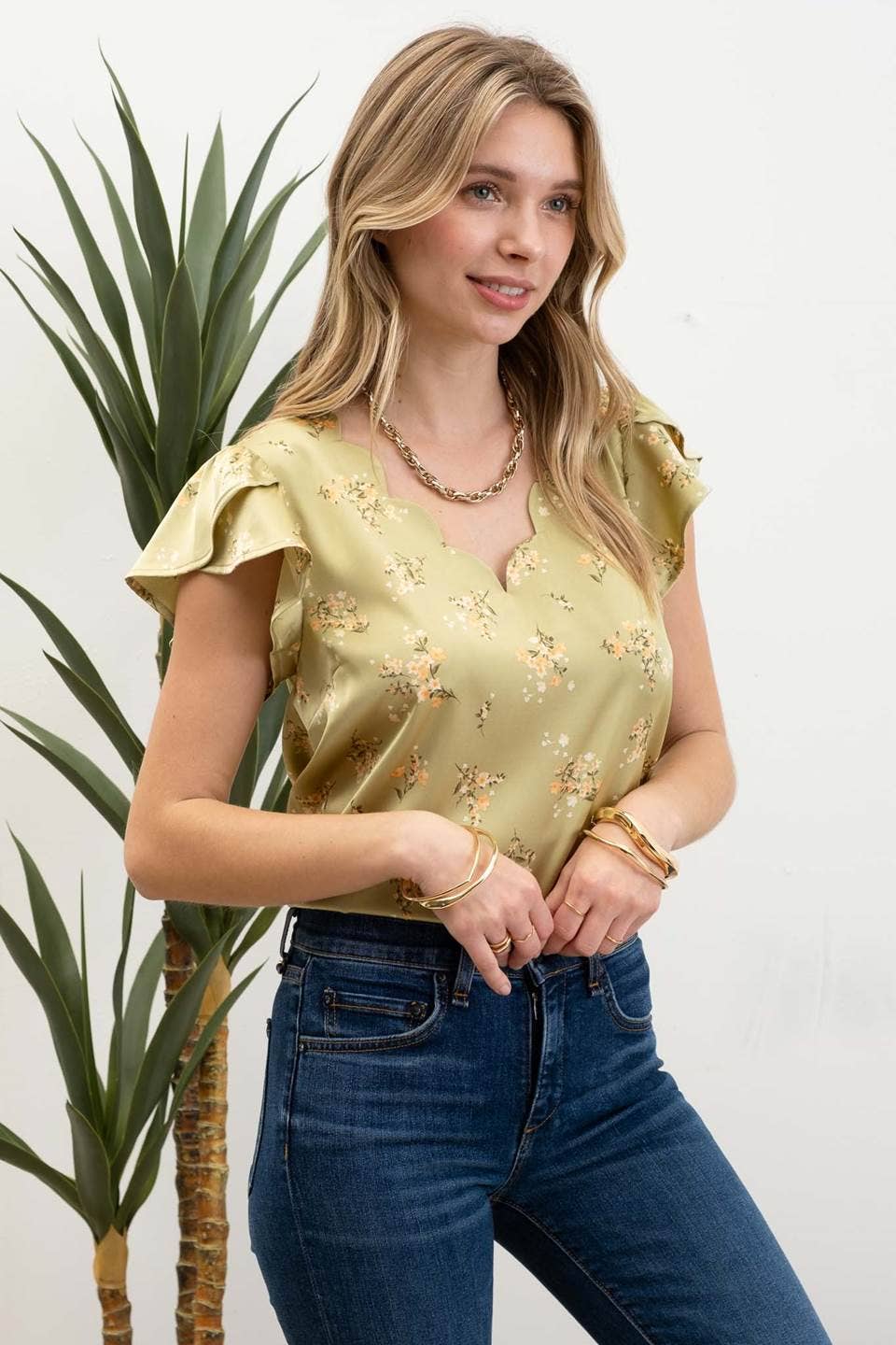 FLORAL PRINT V NECK SCALLOP SATIN BLOUSE: OLIVE - Mila Rose Boutique, LLC