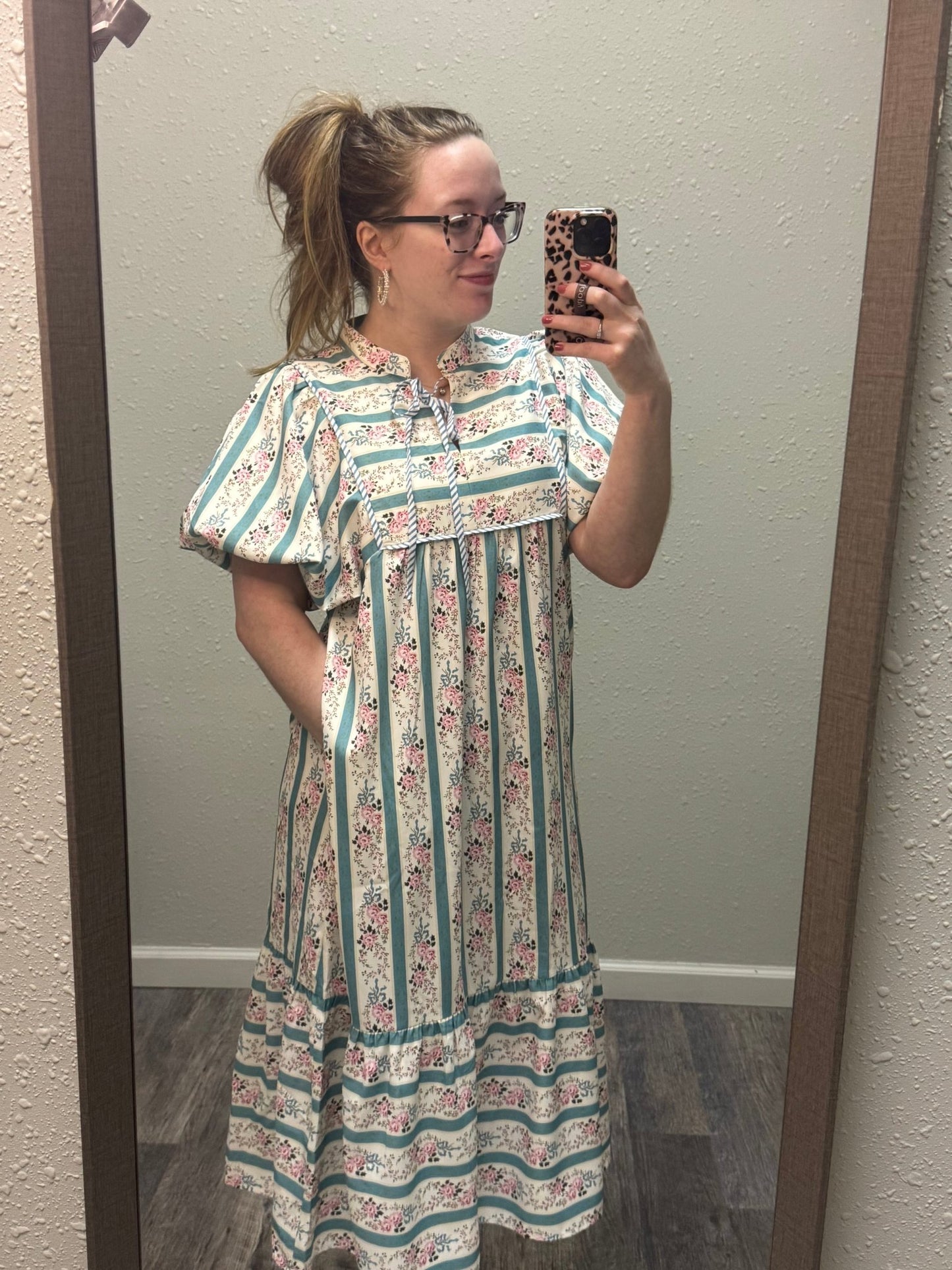 Floral Striped Puff Sleeve Dress - Mila Rose Boutique, LLC