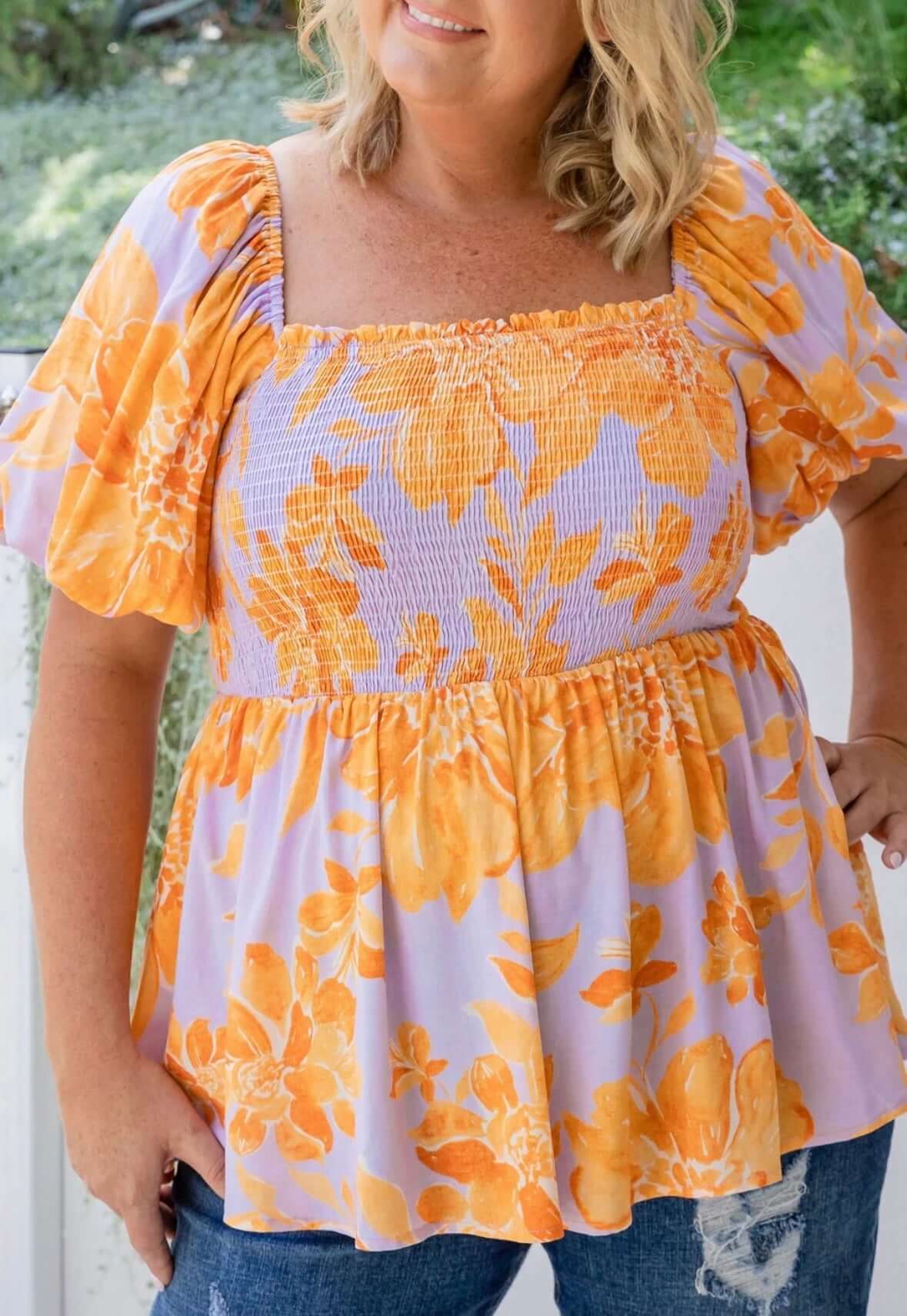 Lavender Floral Smocked Blouse - Mila Rose Boutique, LLC