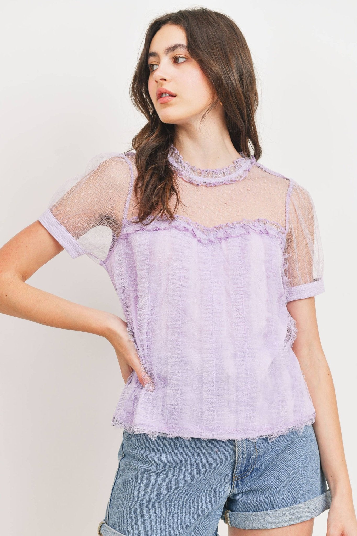 Dotted Mesh Overlay Blouse: Lavender - Mila Rose Boutique, LLC