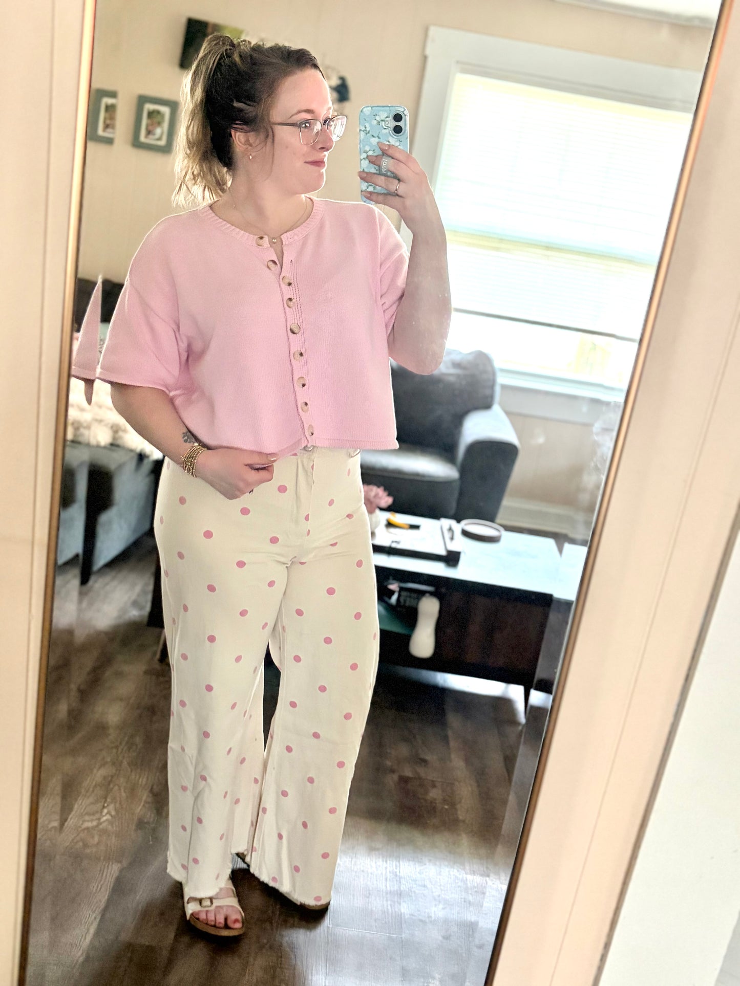 Oatmeal/Pink Polka Dot Wide Leg Denim