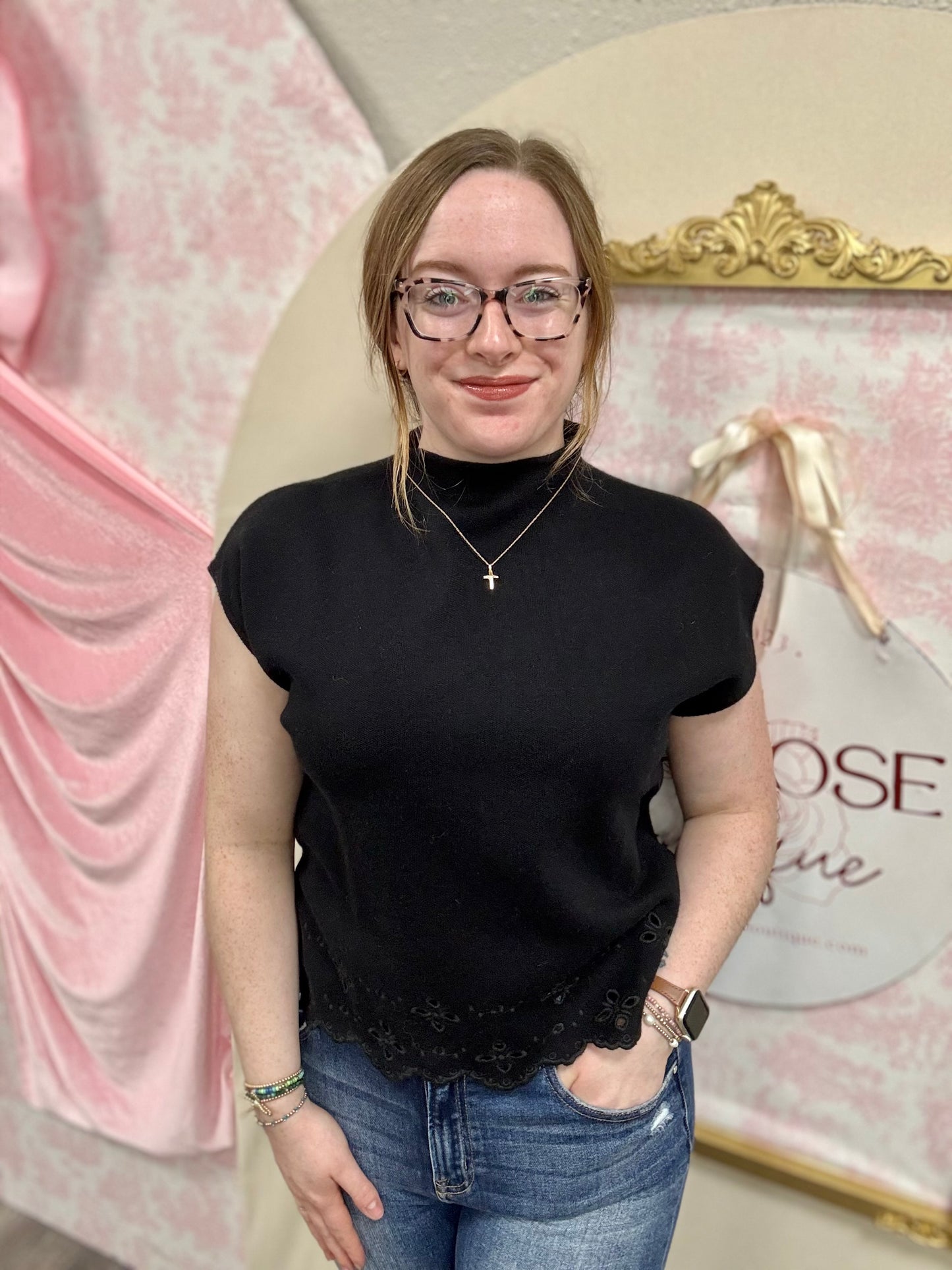 Black Eyelet Short Sleeve Sweater