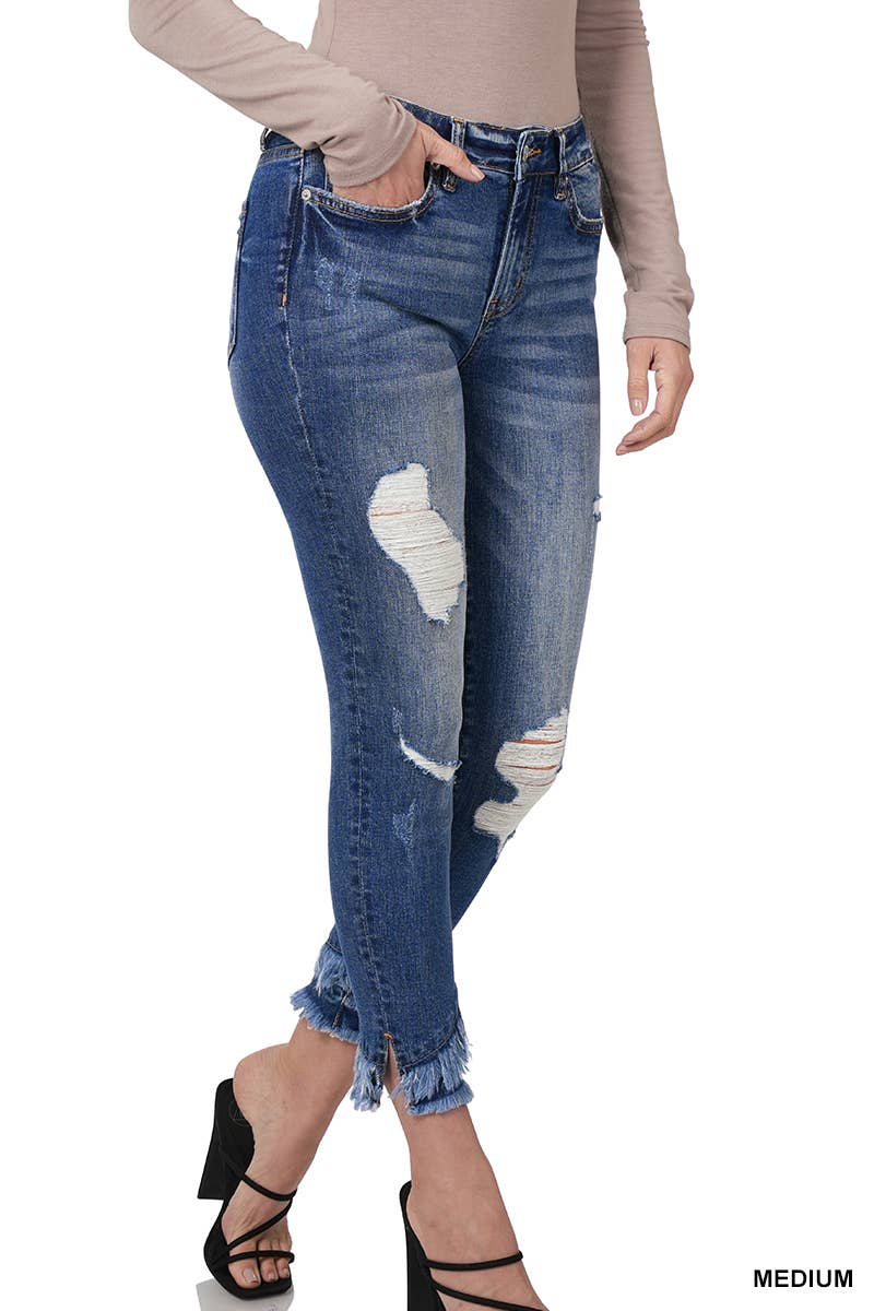 MID-RISE DISTRESSED CROP SKINNY DENIM PANTS: MEDIUM WASH