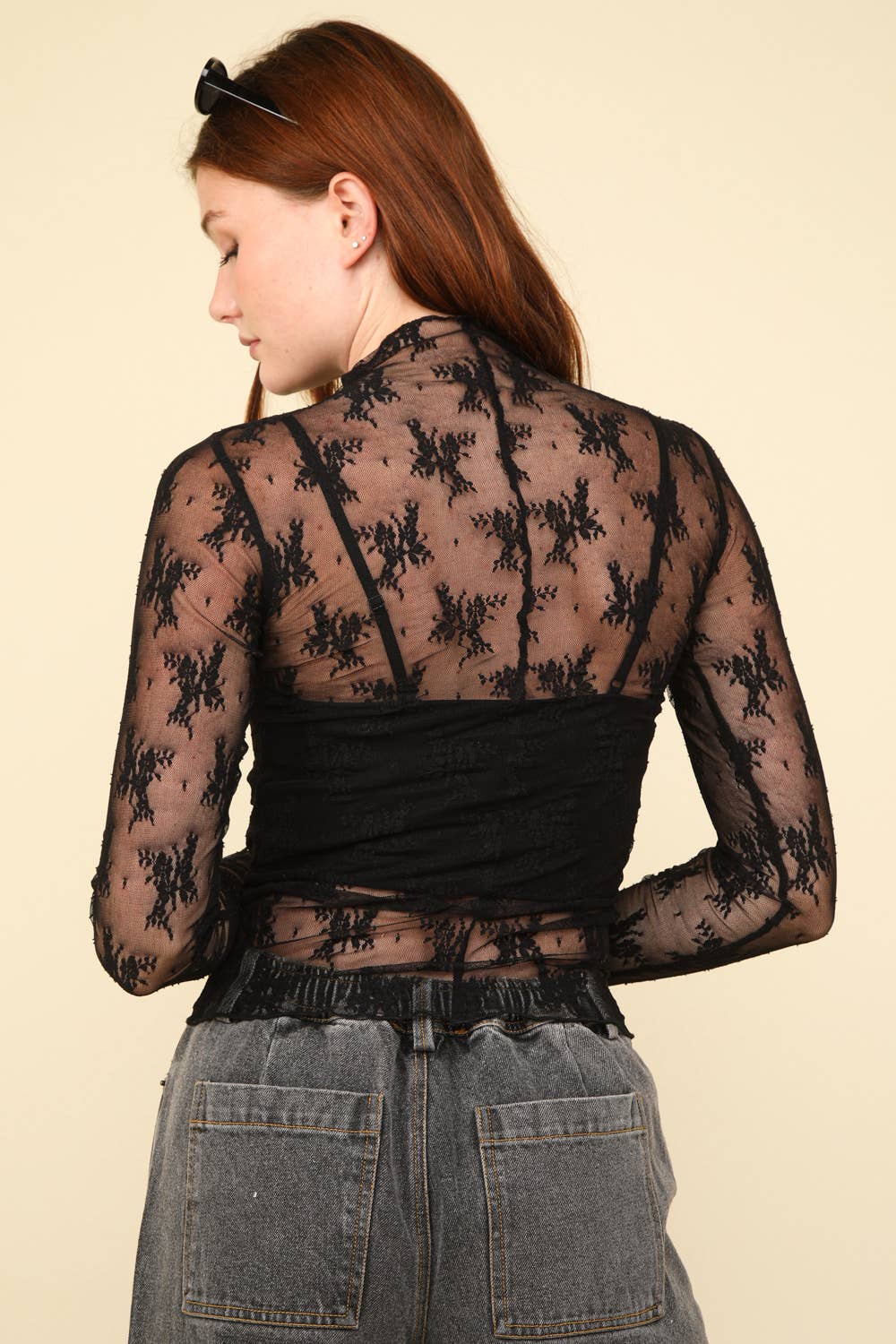 High Neck Fitted Sheer Mesh Lace Knit Top: CHAMPAGNE