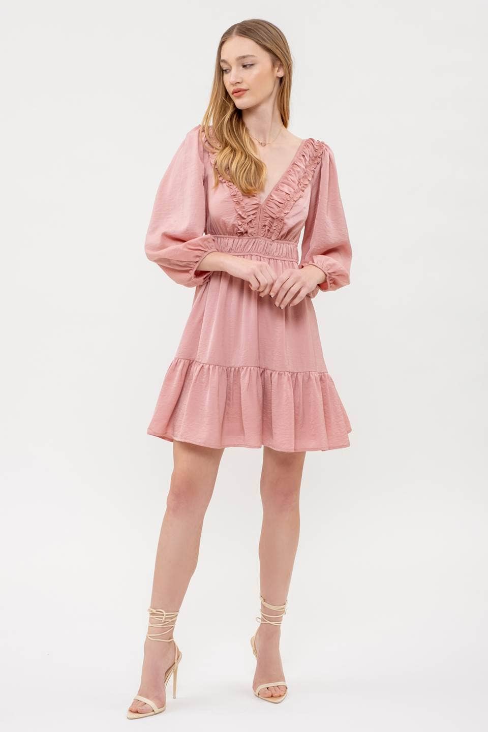 Ruffle V-Neck Long Sleeve Dress