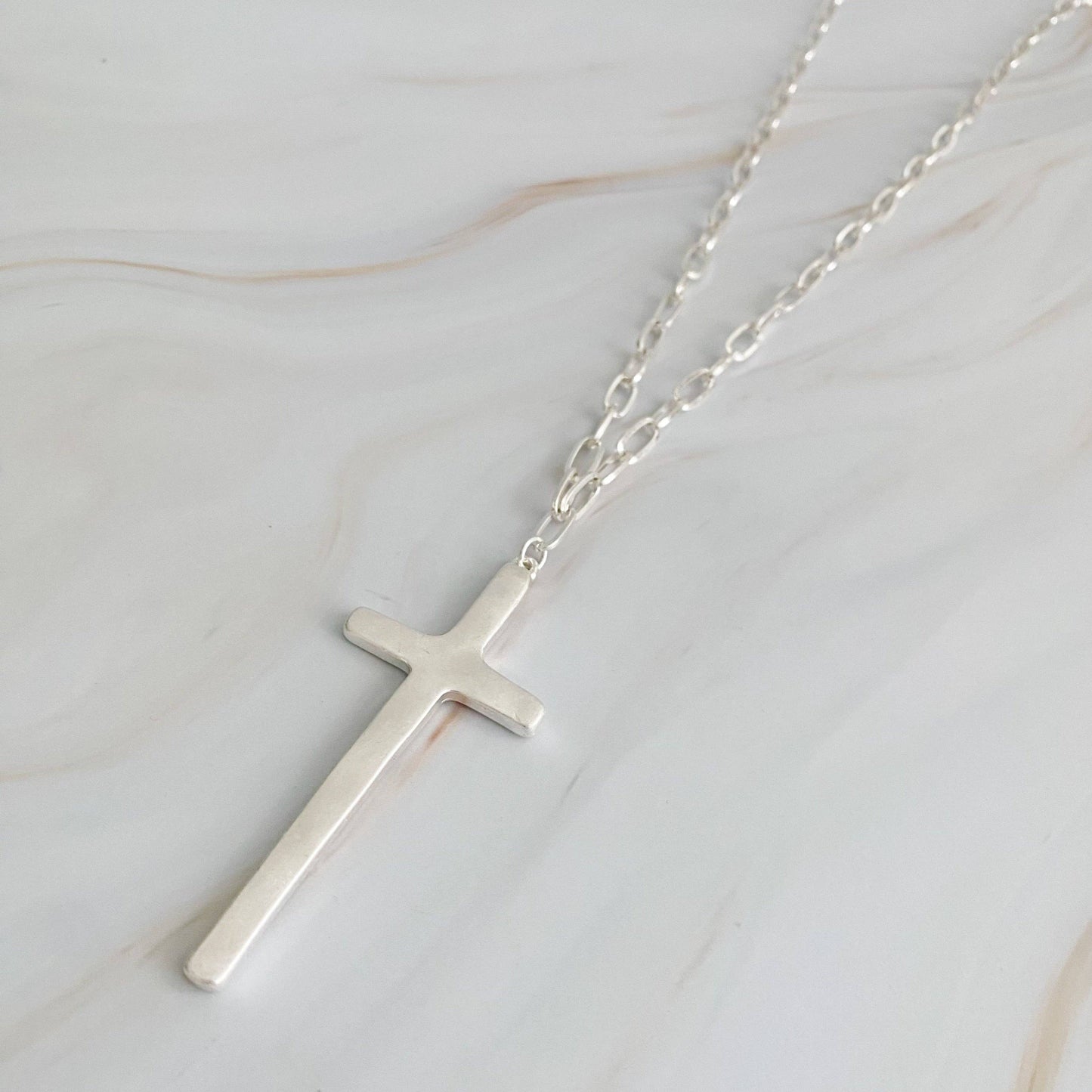 Hammered Cross Long Chain Necklace: Gold