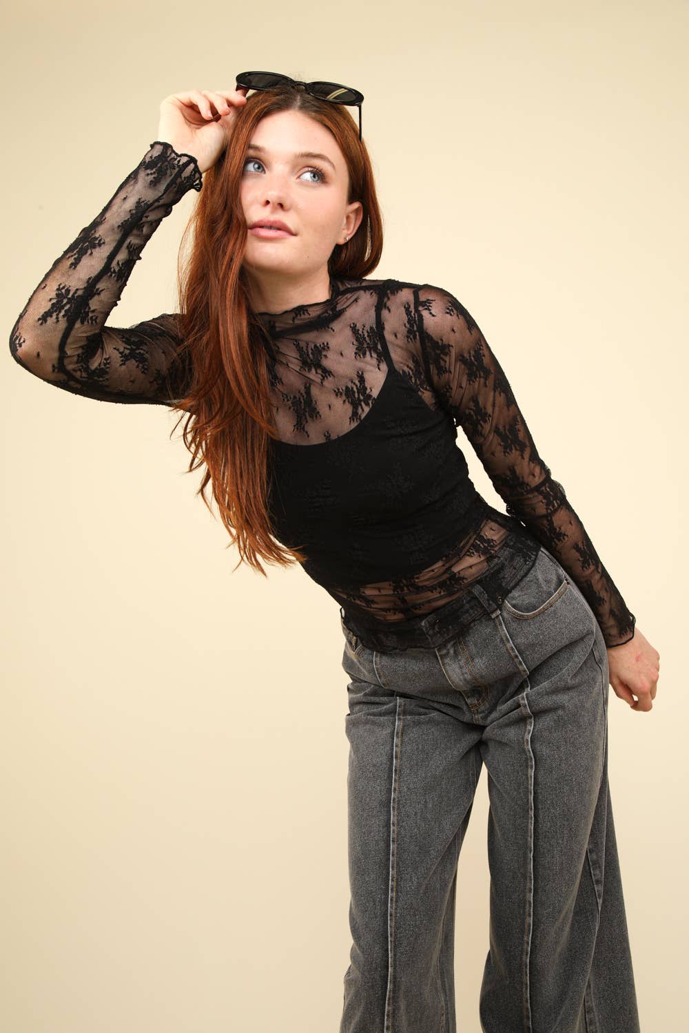 High Neck Fitted Sheer Mesh Lace Knit Top: CHAMPAGNE