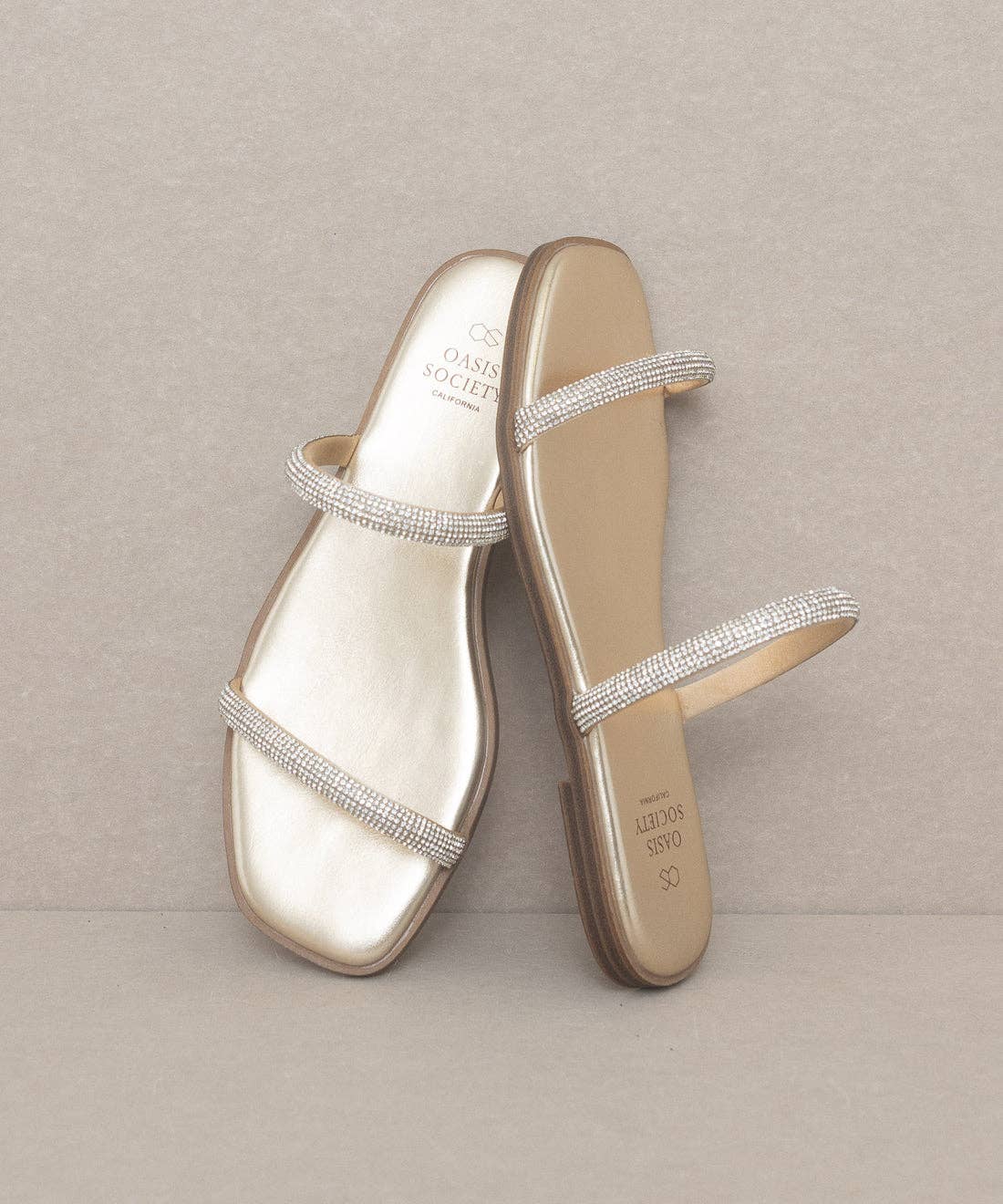 The Lucy Metallic Gold | Satin Lined Rhinestone Strappy Flat