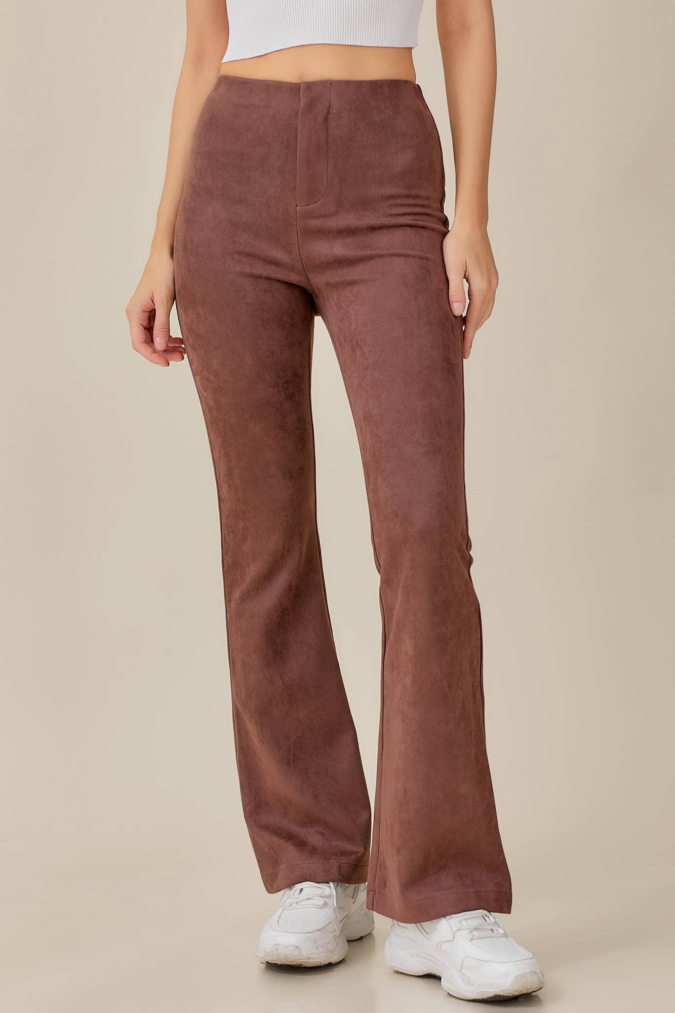 ELASTIC HIGH WAIST SUEDE PANTS: MAUVE