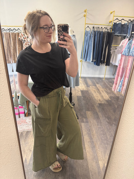 Olive Vintage Wash Wide Leg Pants