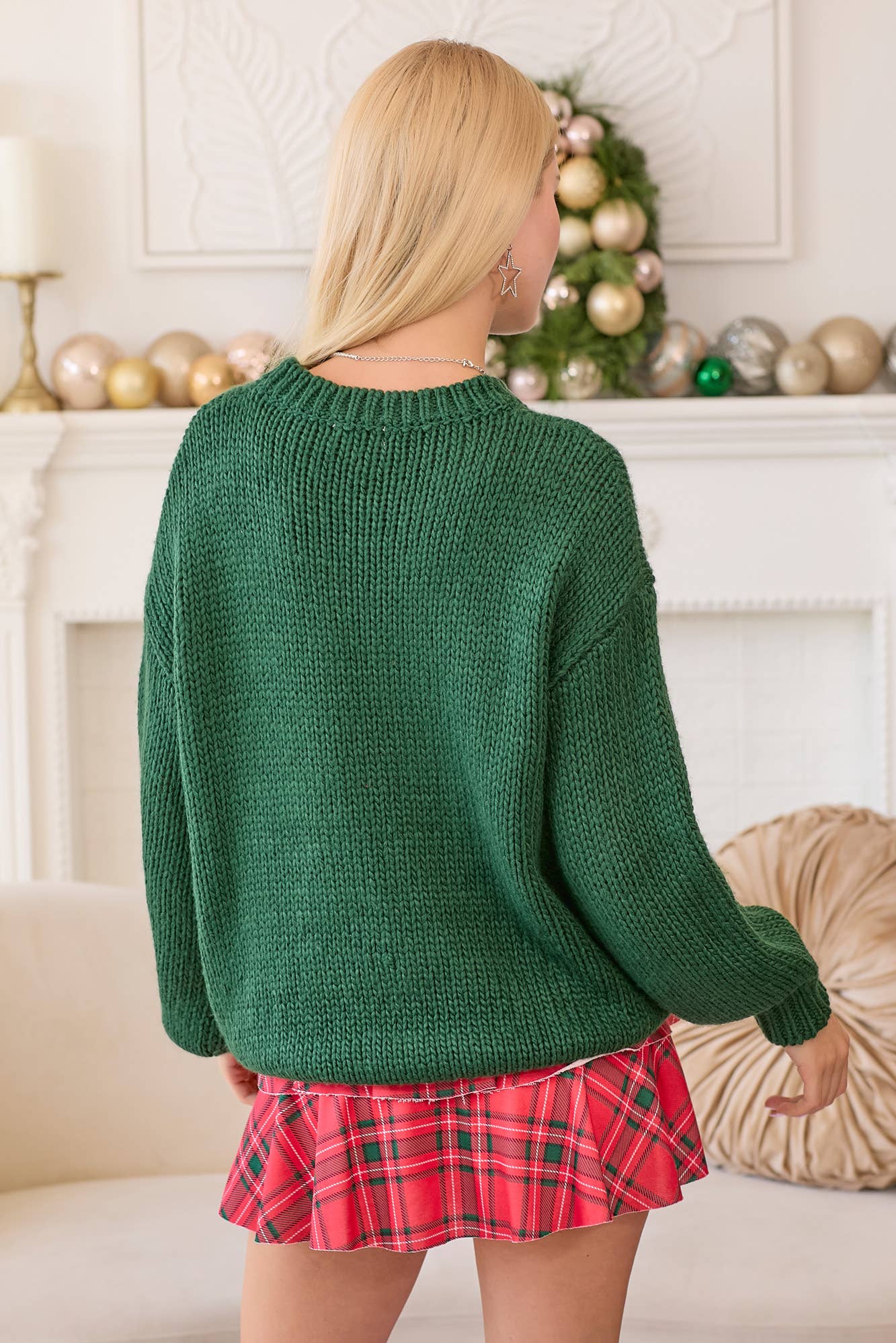 Christmas Sweater With Plaid Ribbon Bow Patch