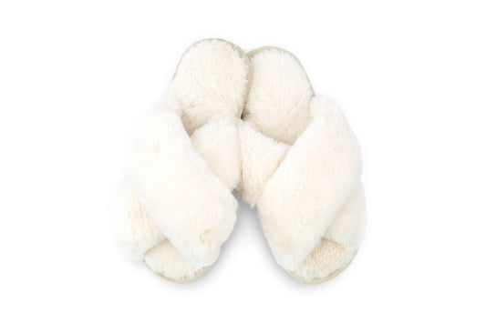 Plush Crossband Slide House Slippers: Small / White