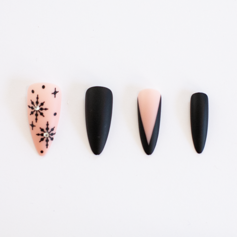 Frostbite | Matte Black Snowflake Stiletto Press-On Nails