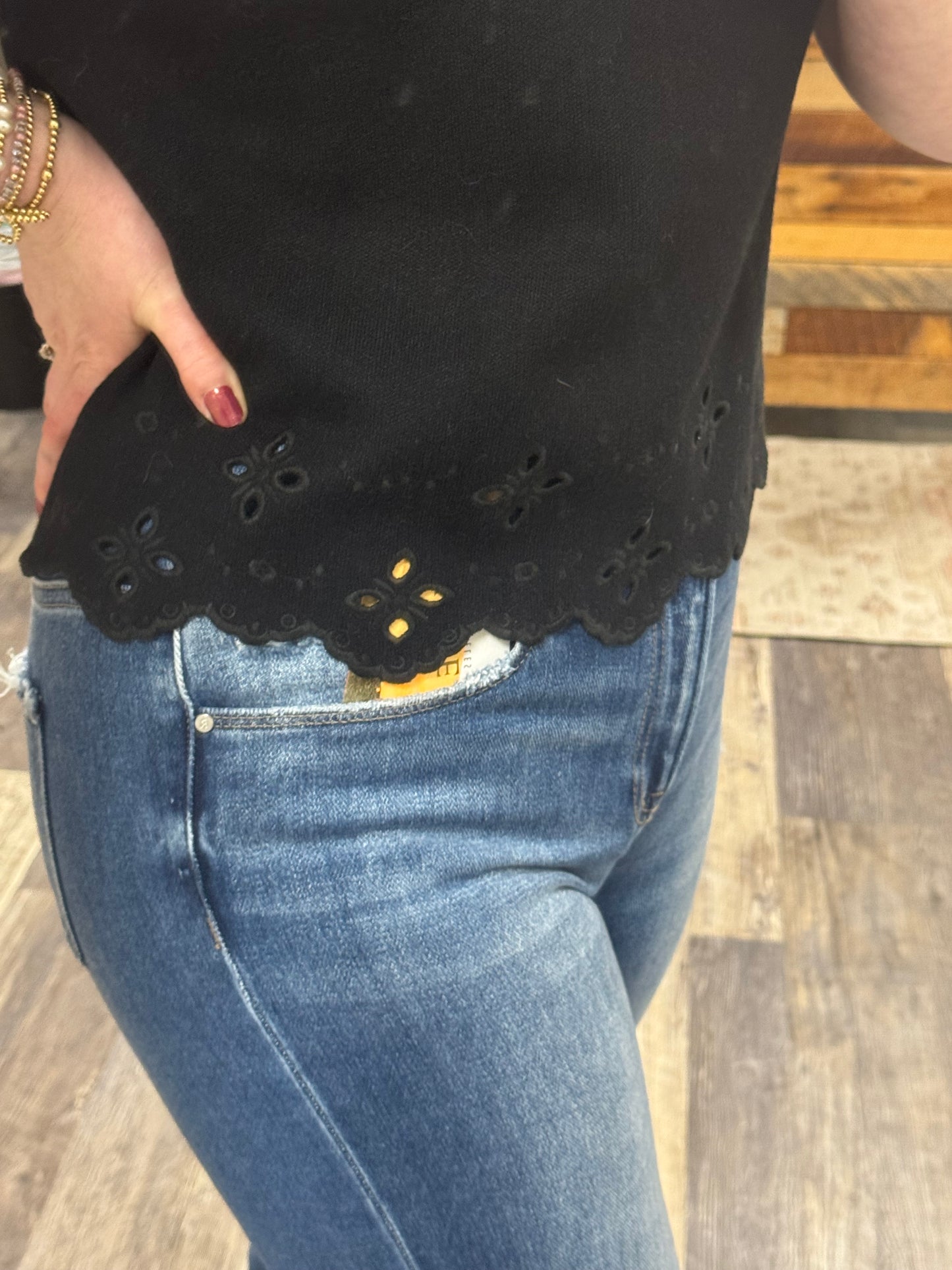 Black Eyelet Short Sleeve Sweater
