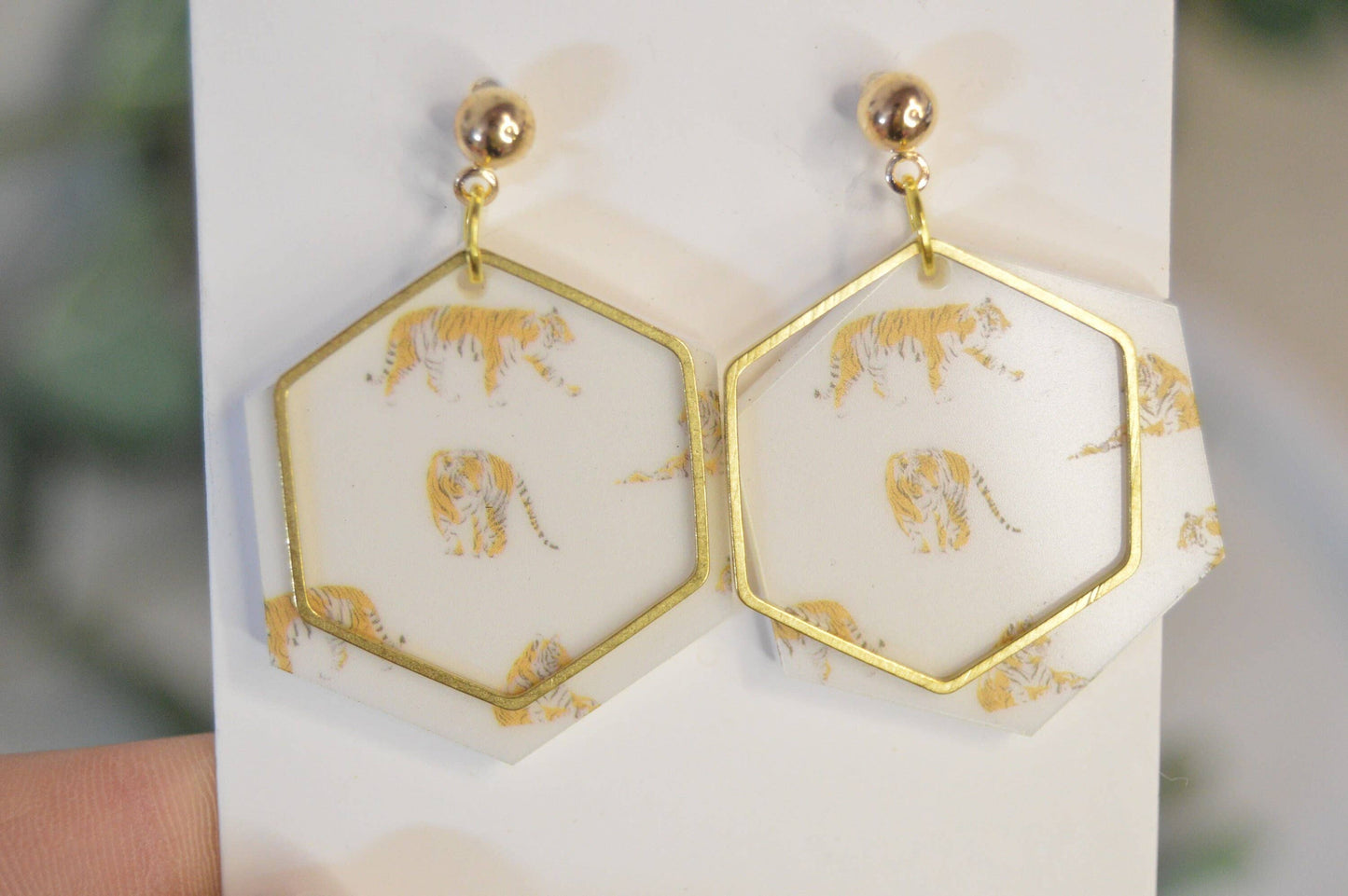 Tiger Hexagon Earrings, Tiger Earrings, Dangle Earrings, Sta