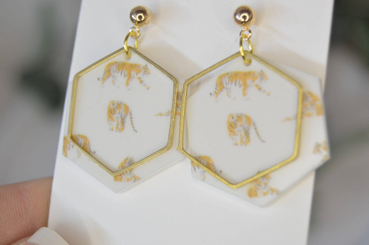 Tiger Hexagon Earrings, Tiger Earrings, Dangle Earrings, Sta