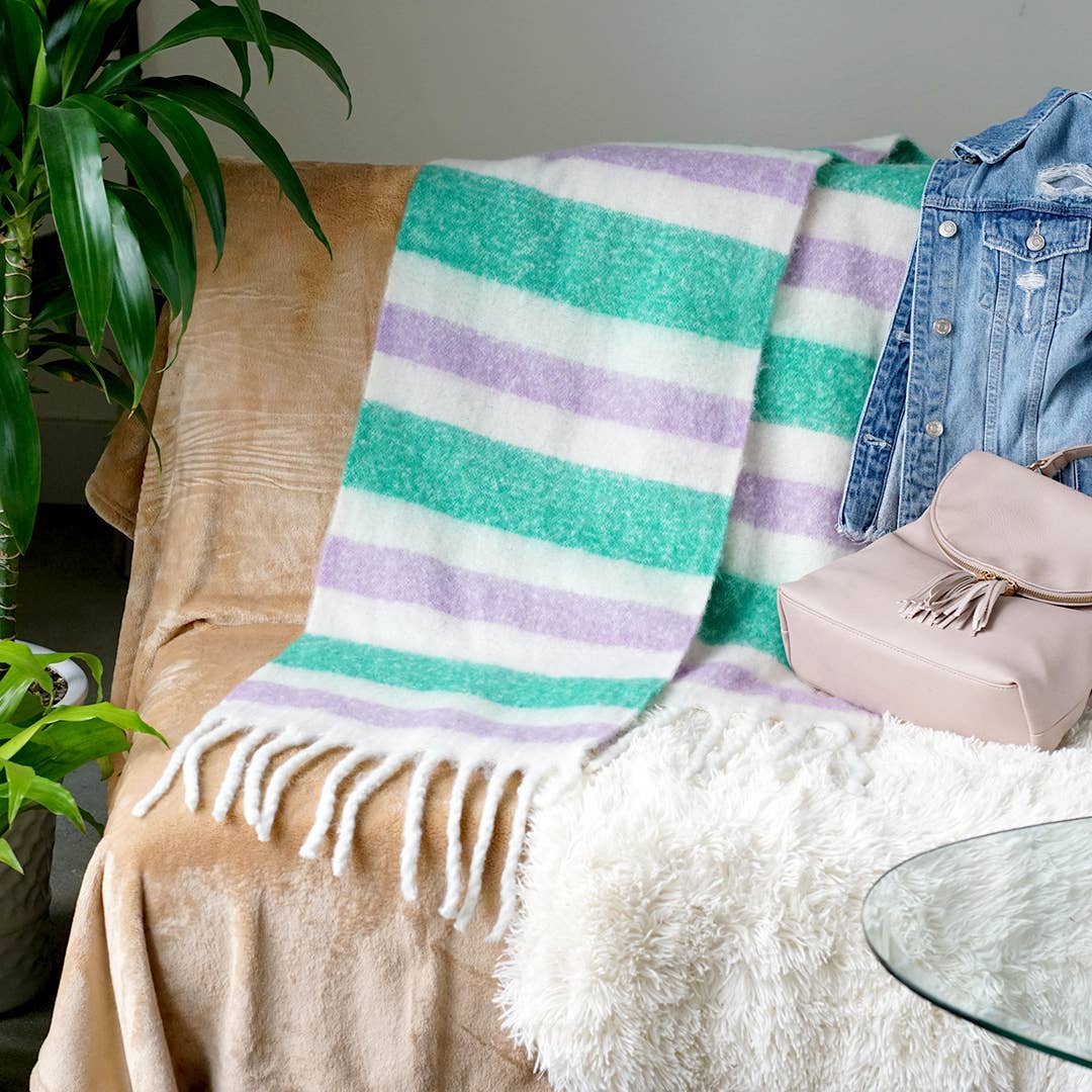 Striped Long Length Blanket Scarf w/ Fringe