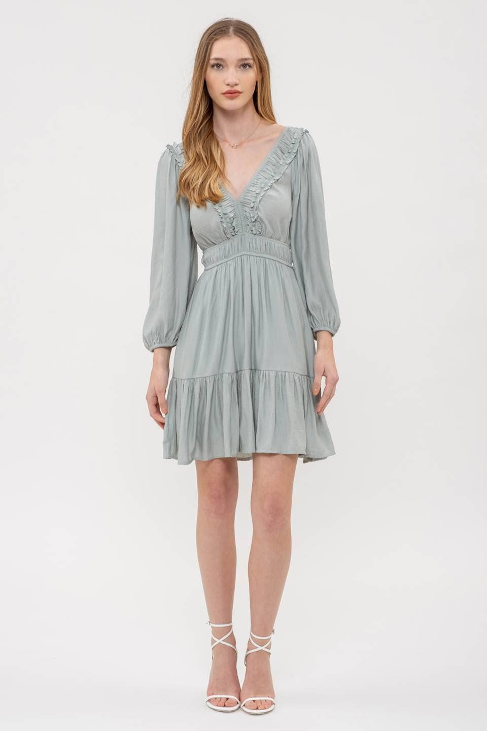 Ruffle V-Neck Long Sleeve Dress