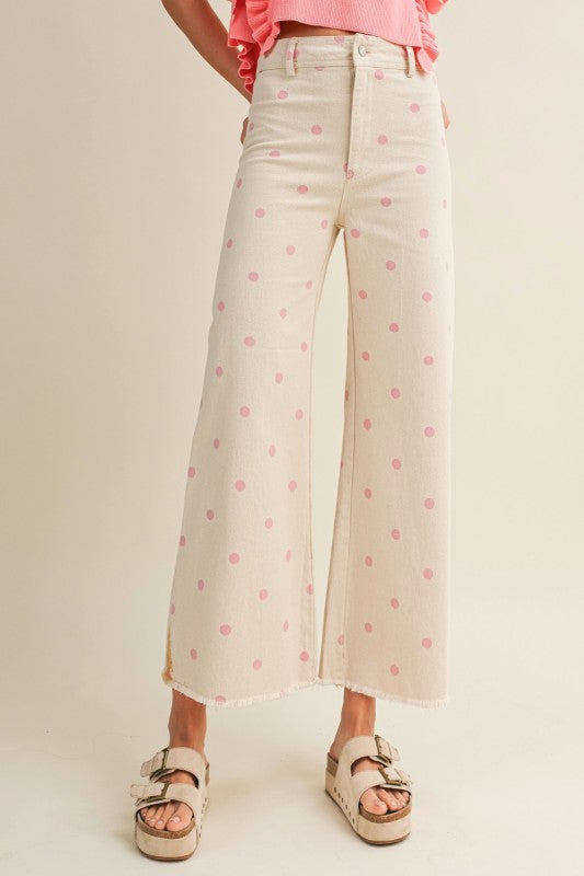 Oatmeal/Pink Polka Dot Wide Leg Denim