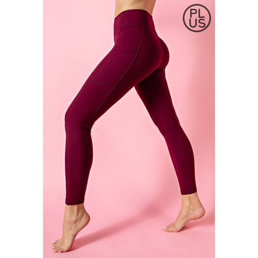 PLUS SIZE BUTTER BASIC LEGGINGS WITH POCKETS: Burgundy / 1X