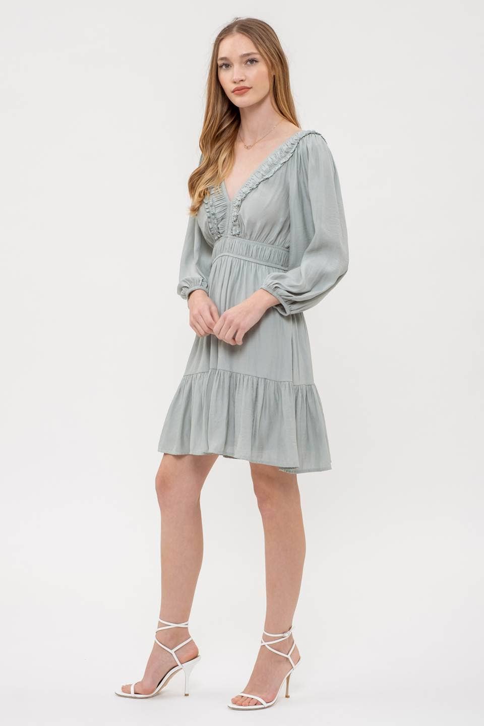 Ruffle V-Neck Long Sleeve Dress