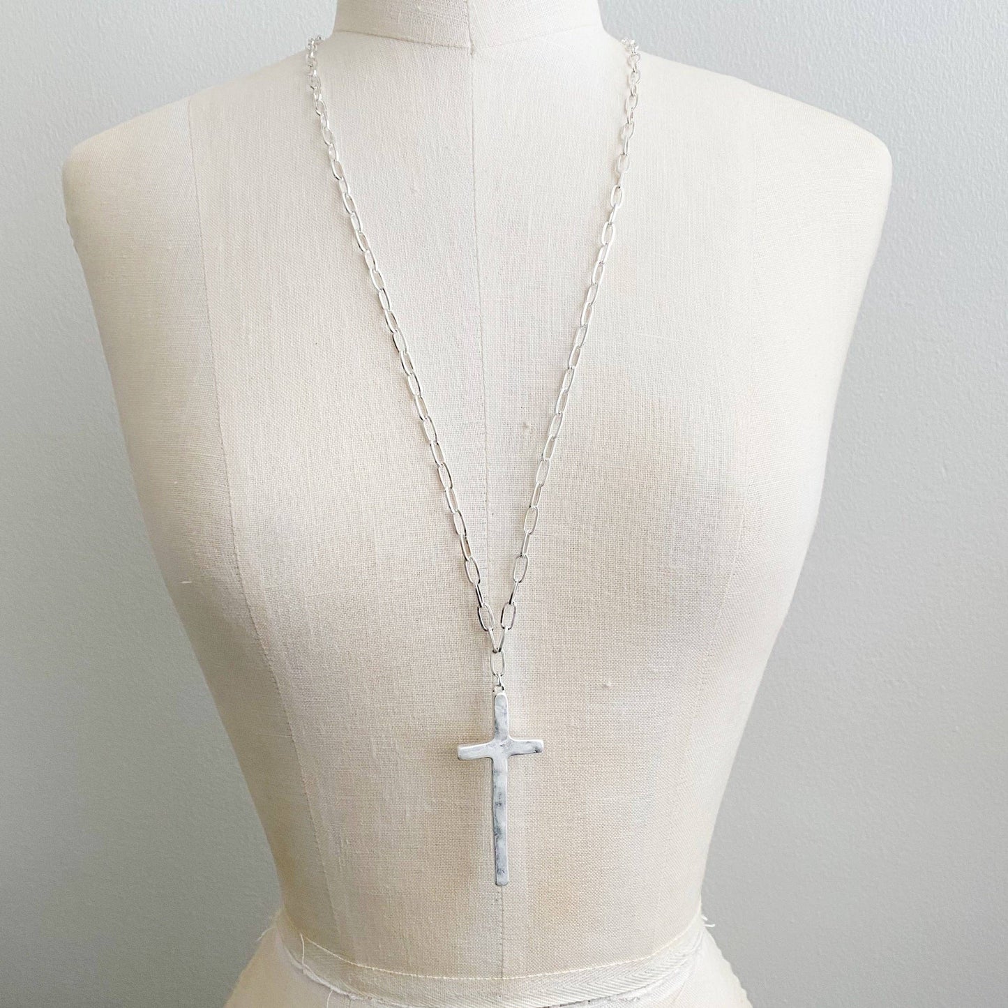 Hammered Cross Long Chain Necklace: Gold