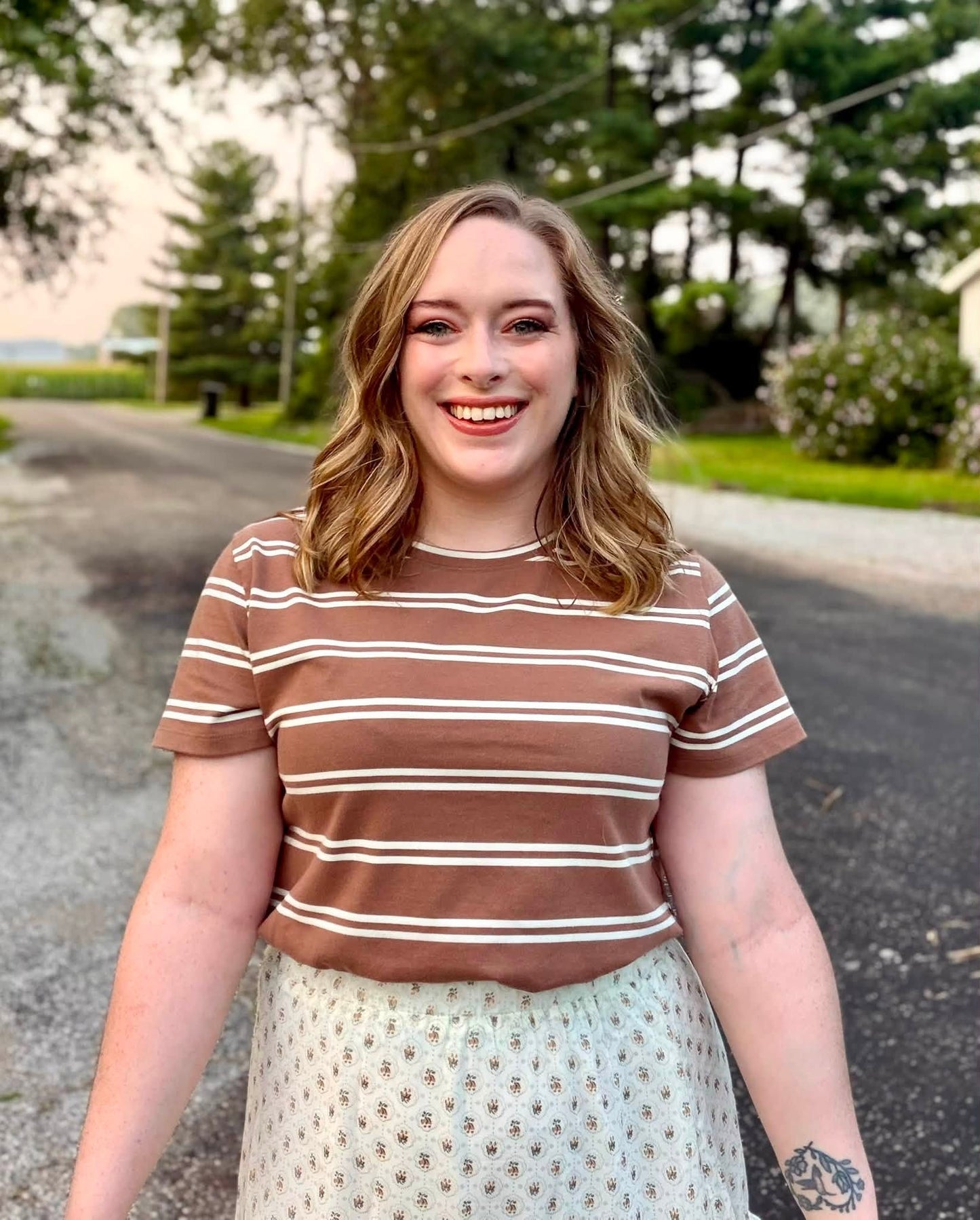 Brown Striped Short Sleeve Boxy Top
