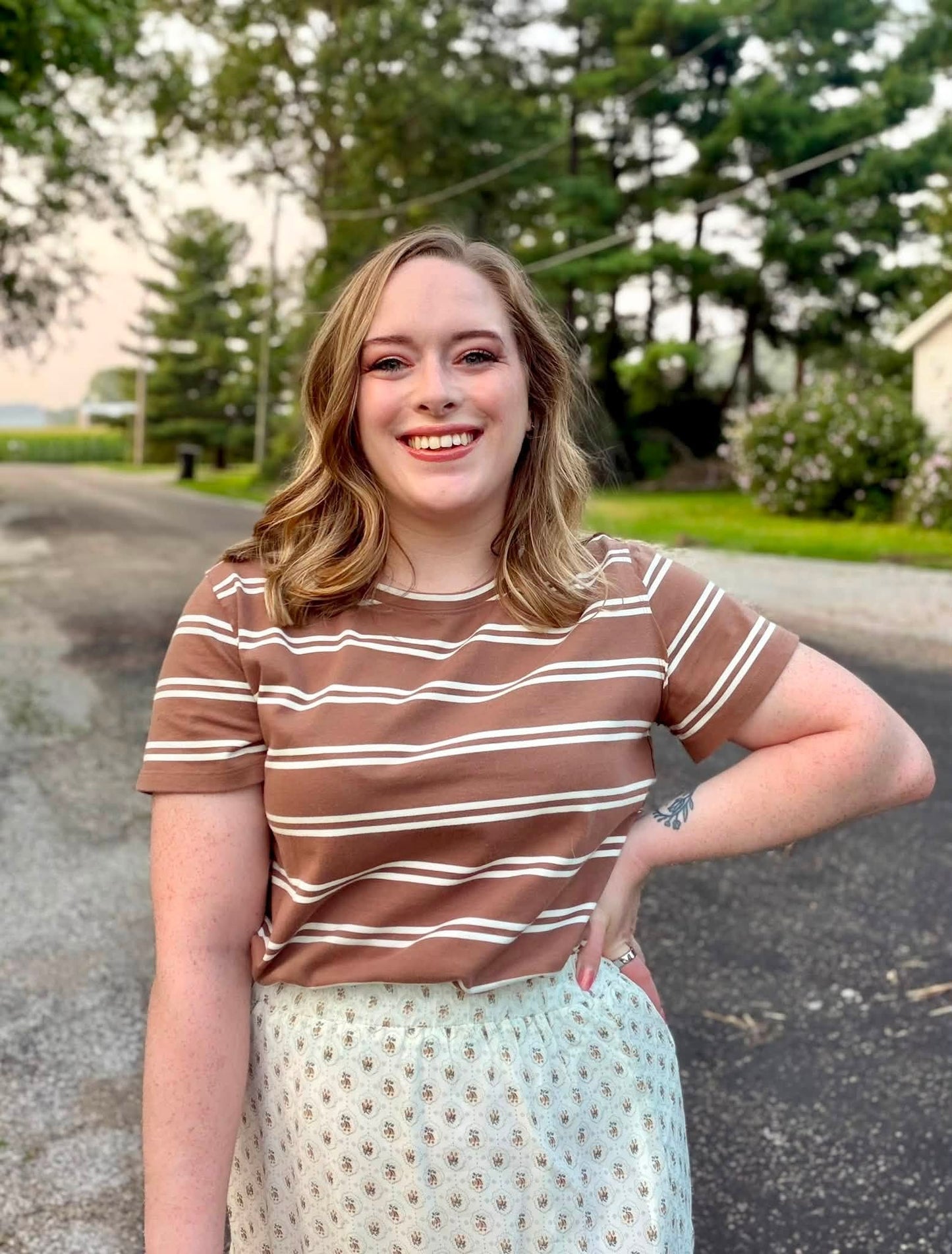 Brown Striped Short Sleeve Boxy Top