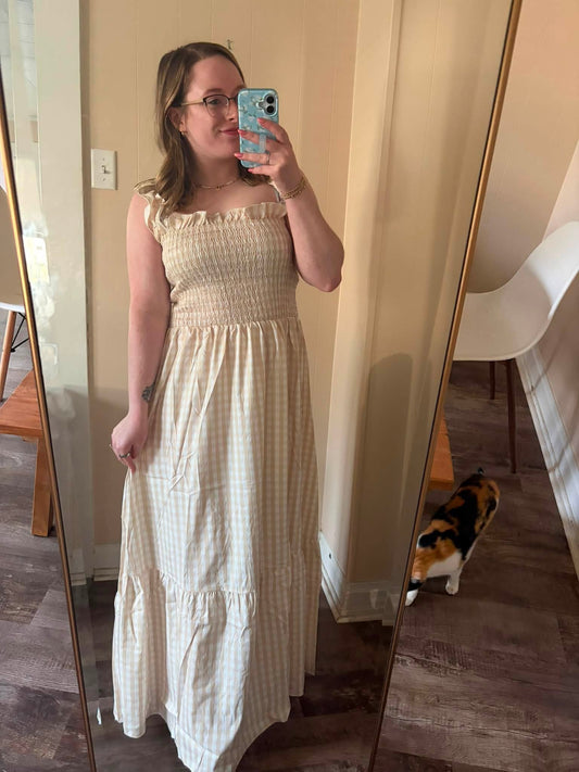 Taupe Gingham Maxi Dress