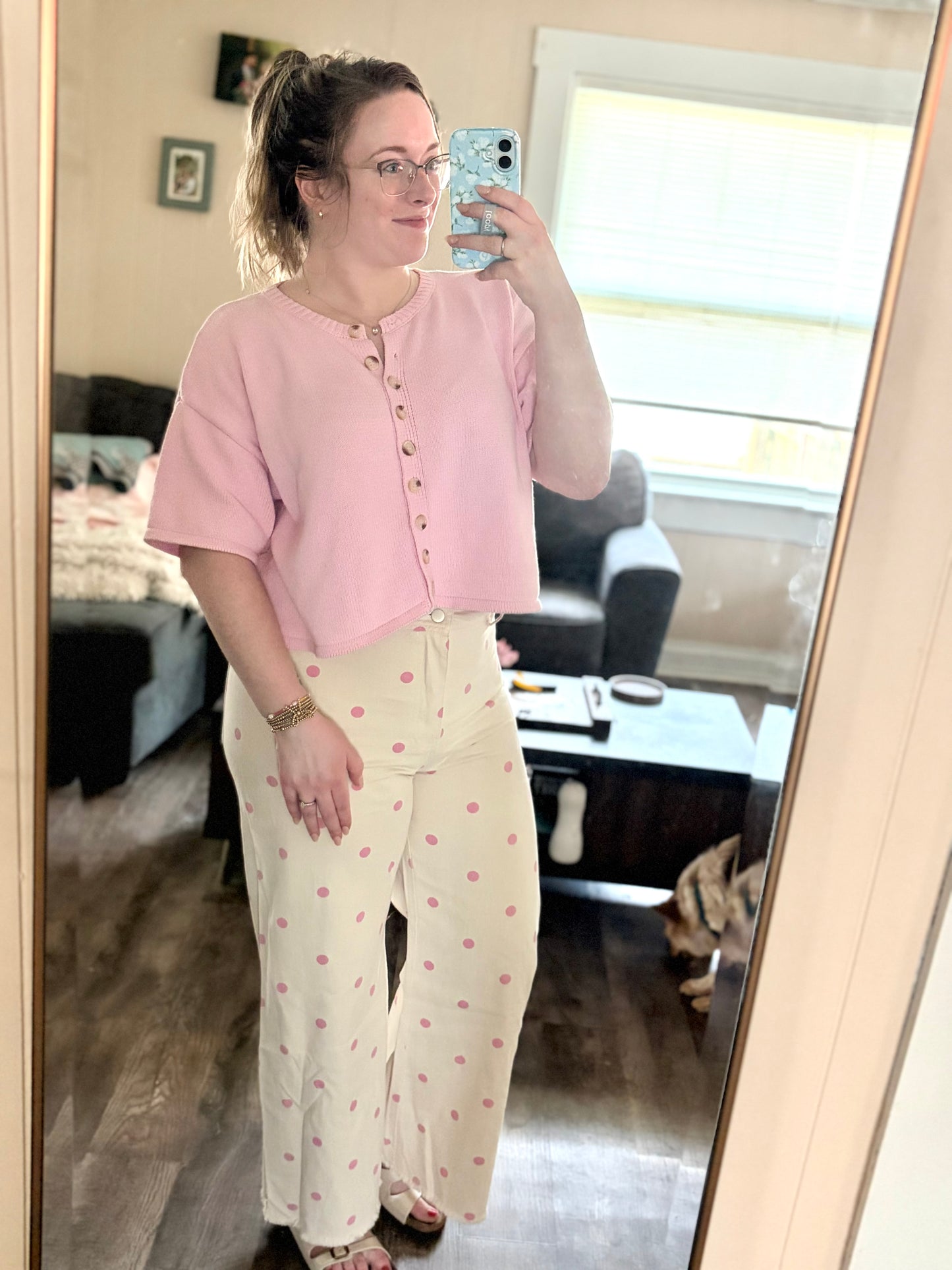 Oatmeal/Pink Polka Dot Wide Leg Denim