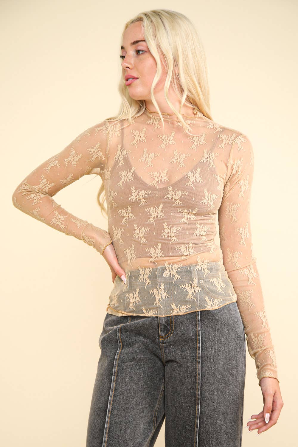 High Neck Fitted Sheer Mesh Lace Knit Top: CHAMPAGNE