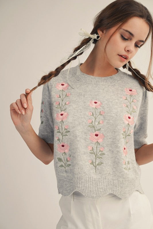 Grey Floral Embroidered Sweater