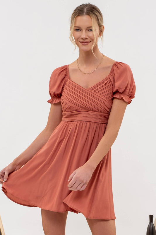 Pleated Wrap Dress with Puff Sleeves