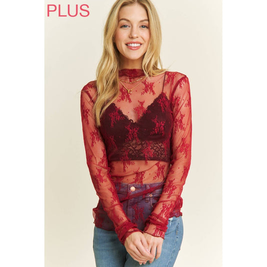 Plus Burgundy Lace High Neck Top